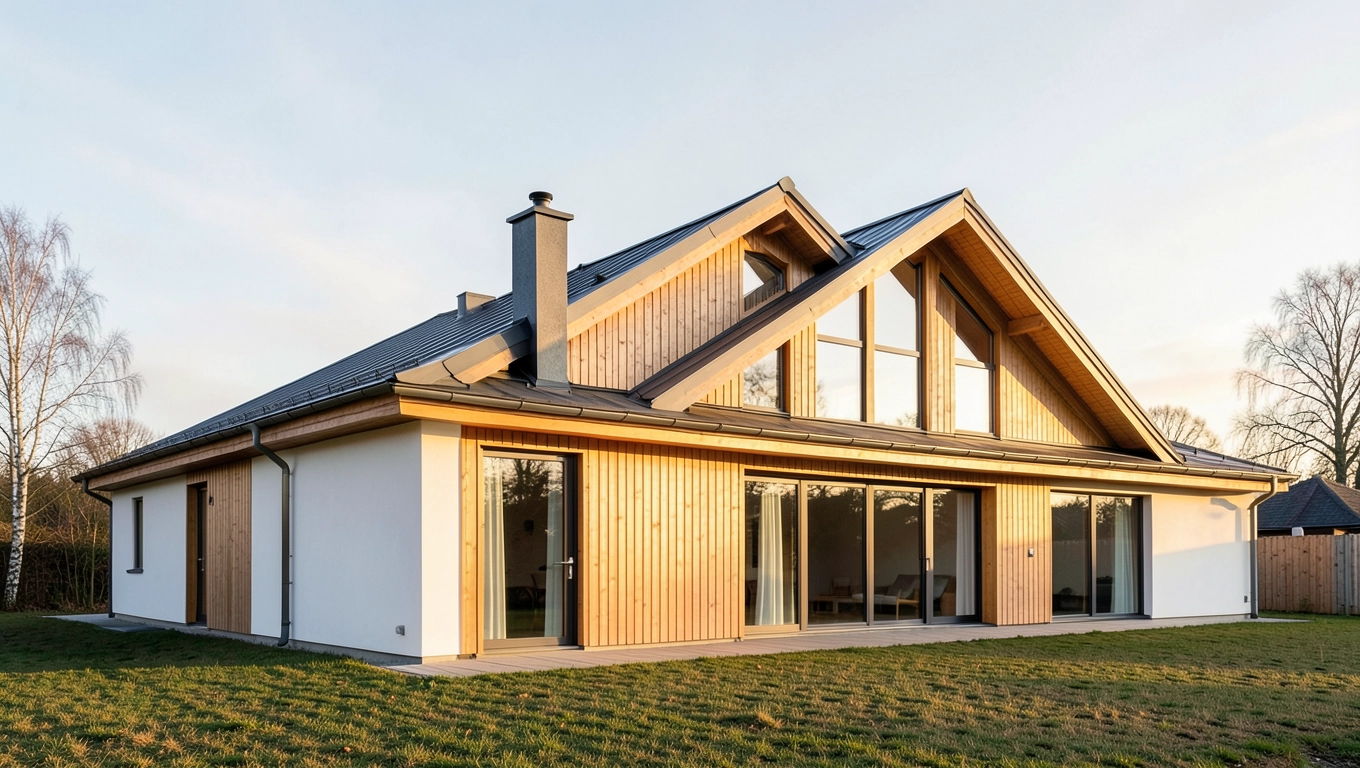 Dom parterowy z dachem wielospadowym w stylu skandynawskim