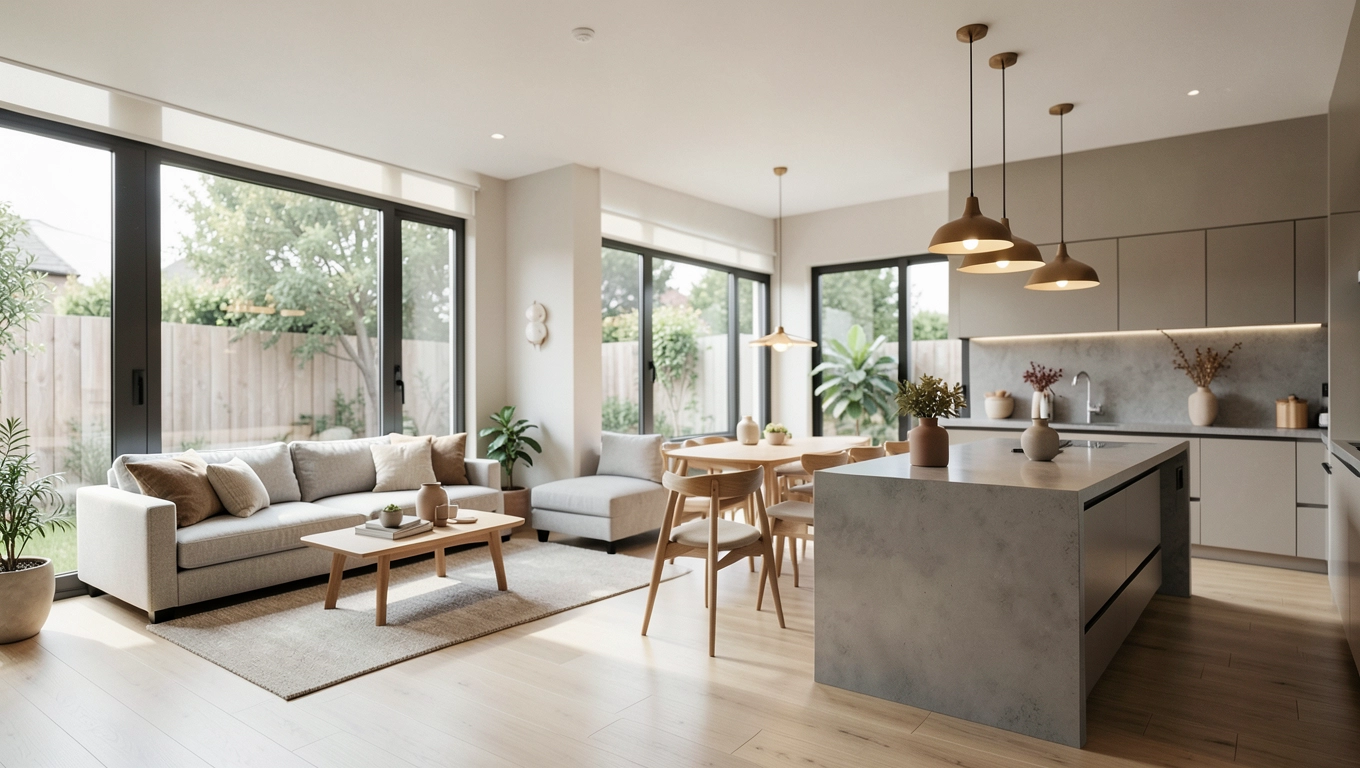 Inspiracje aranżacyjne wnętrz domu parterowego 200m² z płaskim dachem