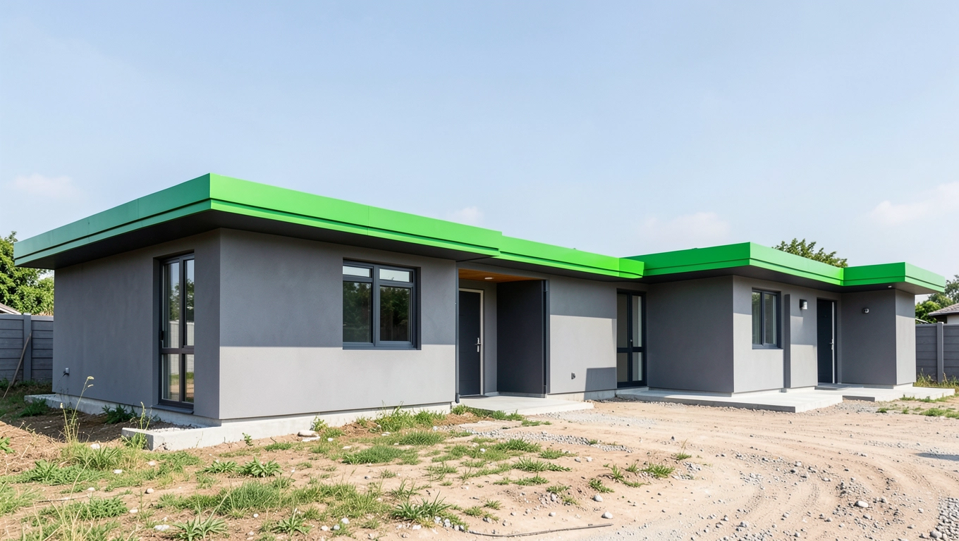 Realizacje domów z szarą elewacją i zielonym dachem