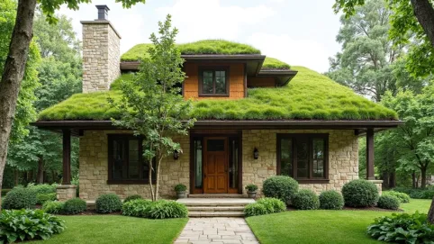 elewacja domu z zielonym dachem