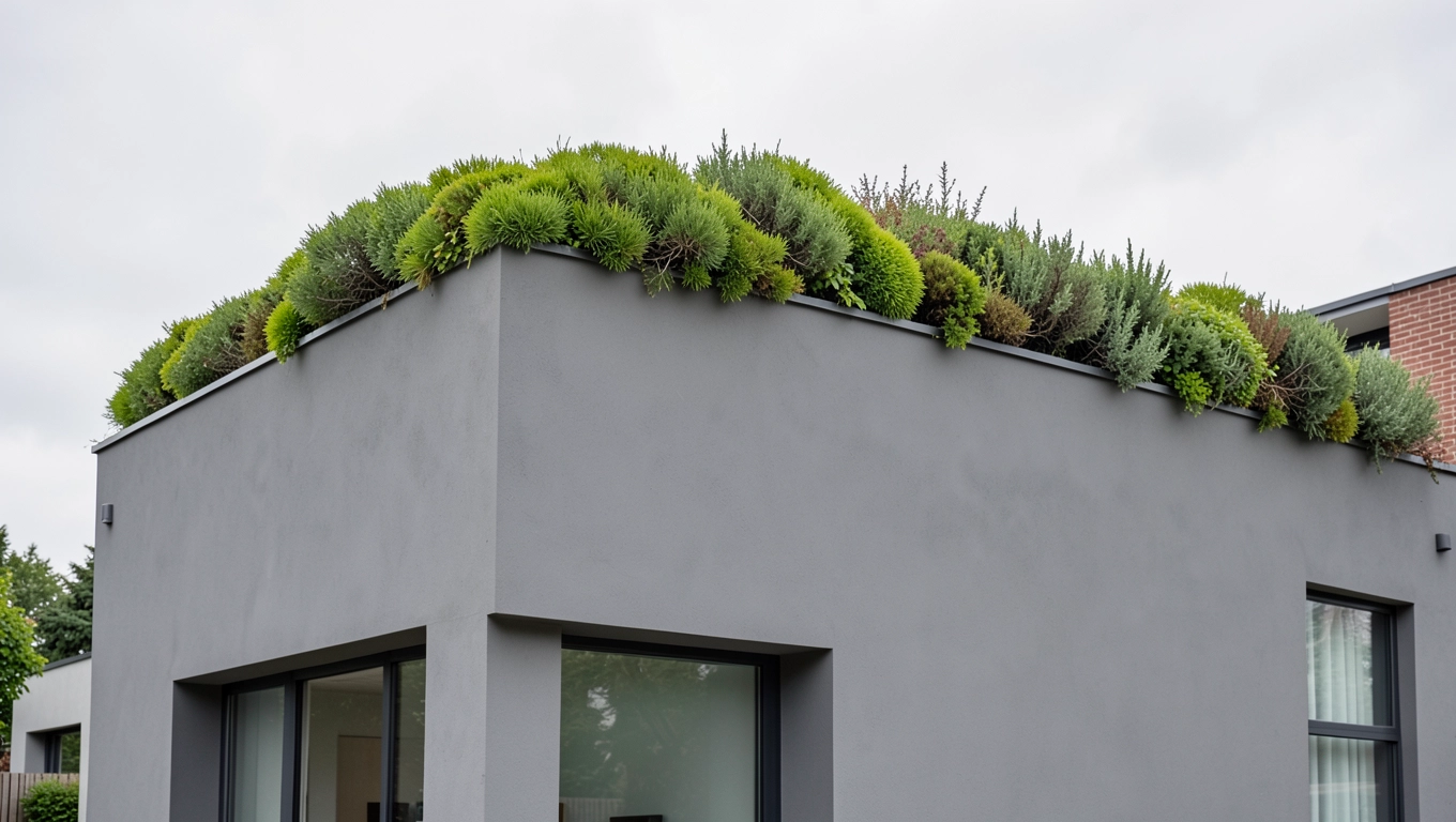 szara elewacja zielony dach
